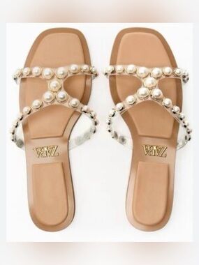 ZARA Pearl-Strap Tan Slide Sandals